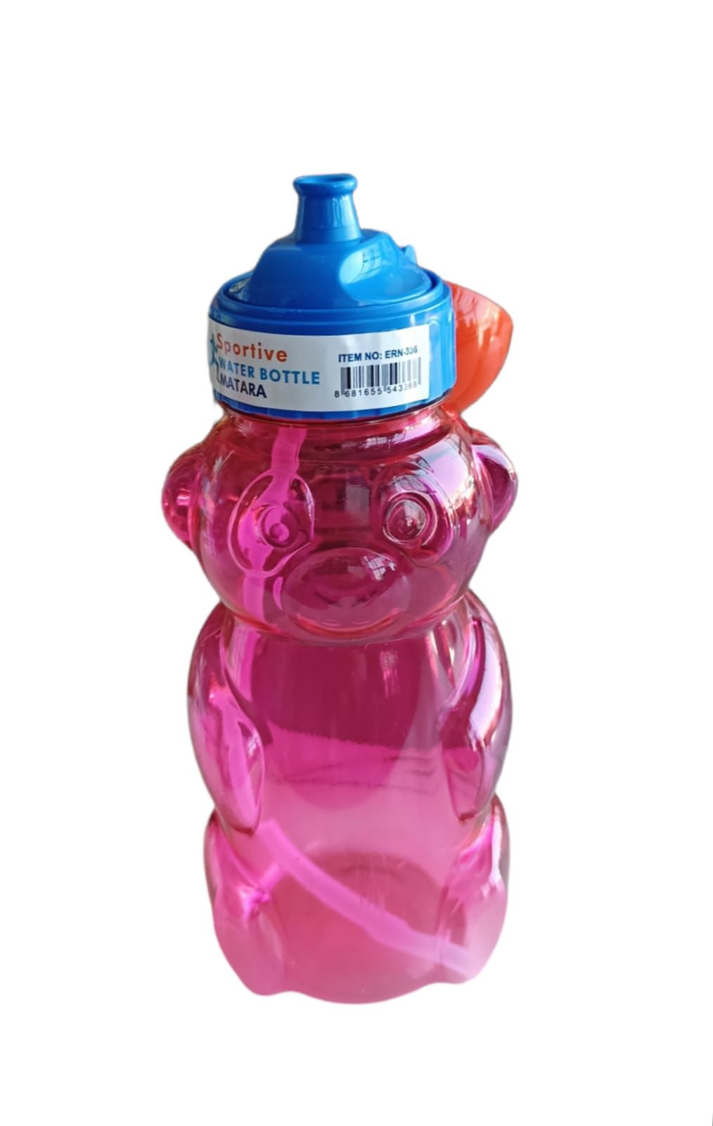 Plastik Su Matarası kapaklı  Ayıcık Figürlü Kırmızı